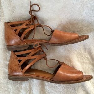 Paul Green Morea Lace Up Flat Sandals Cognac Tan Leather, Sz: 9